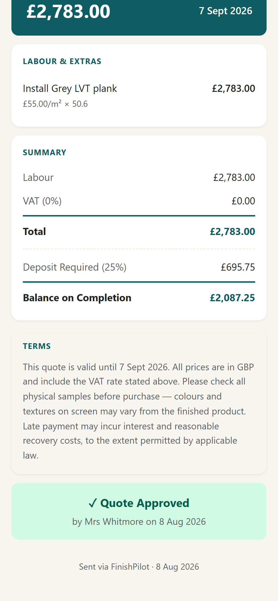 A quote approved by the client, showing the summary, deposit and the Quote Approved confirmation