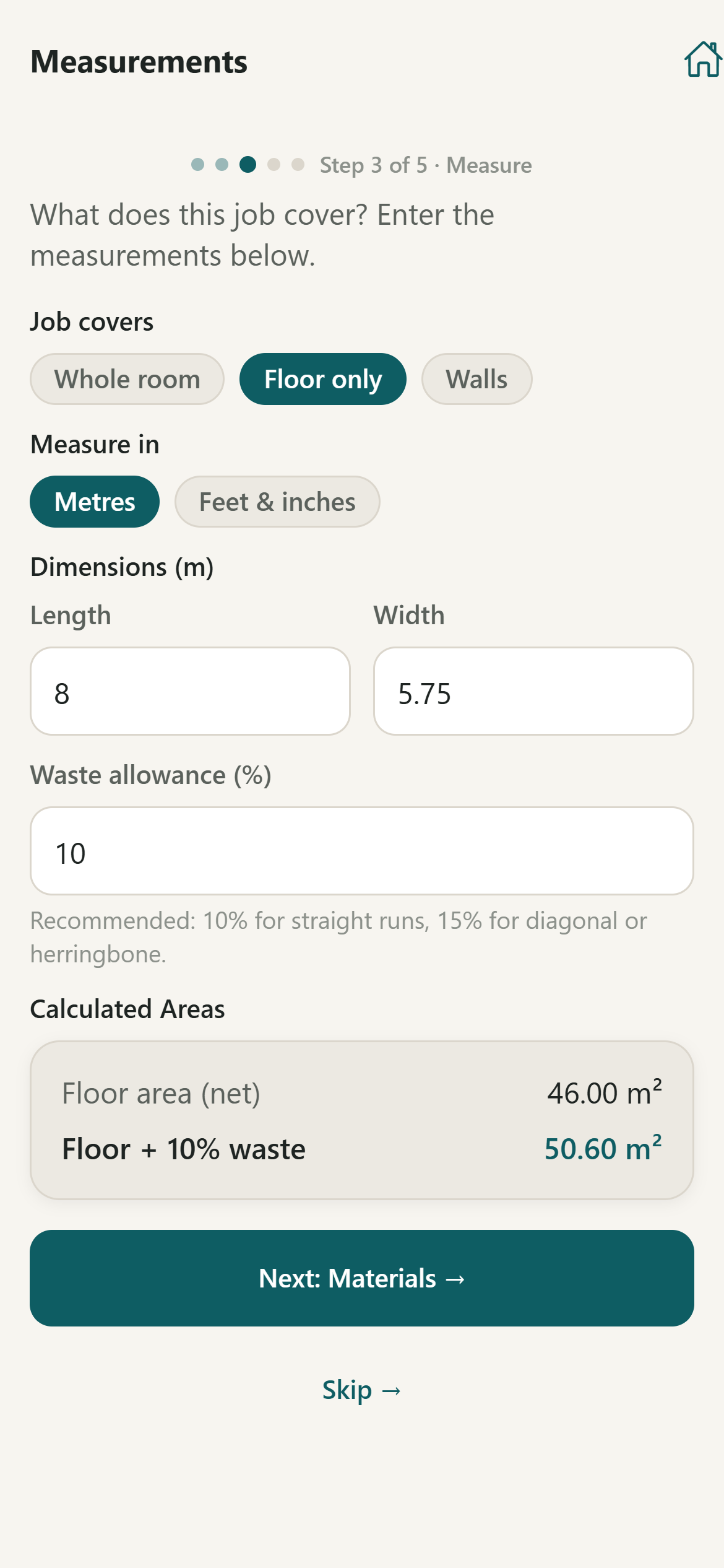 The measurements screen: 8 by 5.75 metres with 10% waste gives 50.60 square metres
