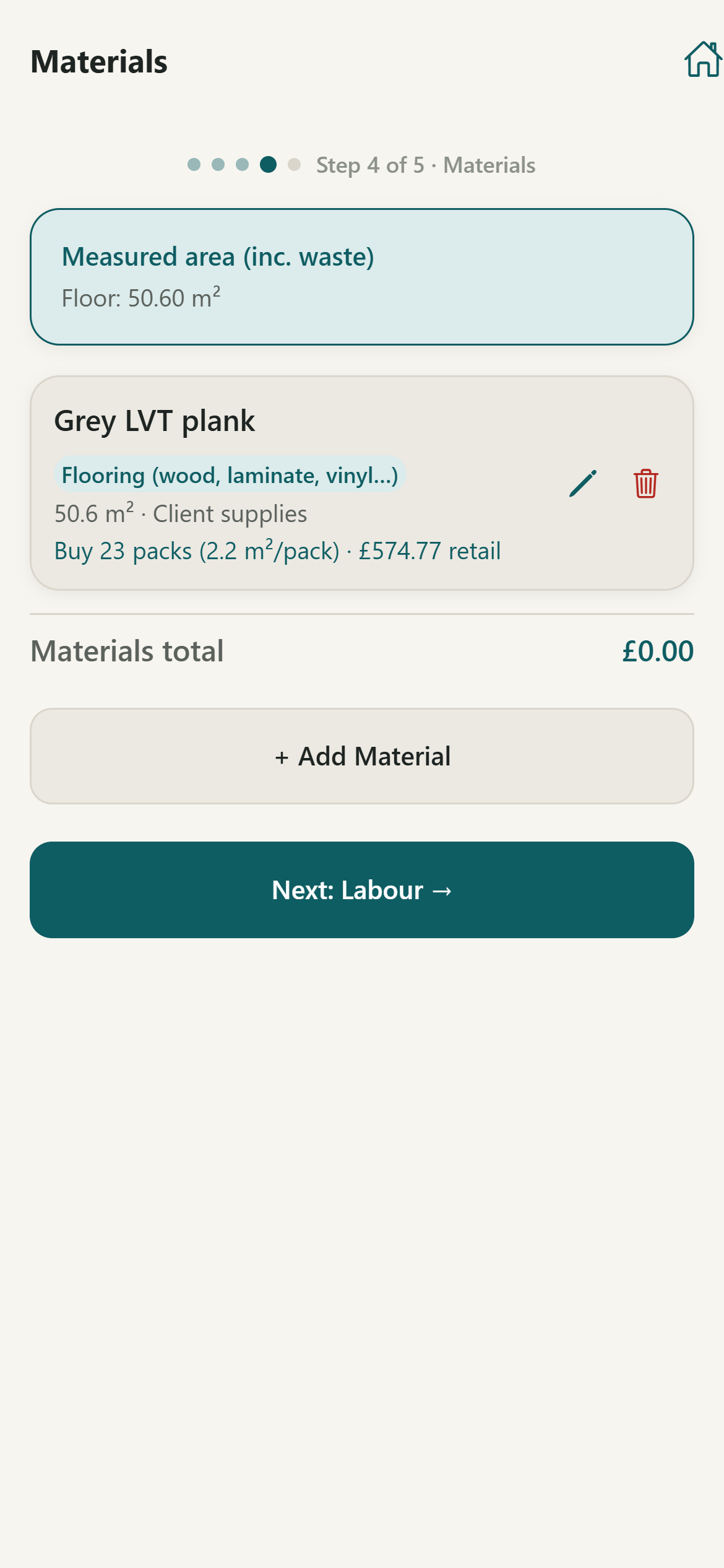 The materials screen showing Grey LVT plank: buy 23 packs at 2.2 square metres per pack